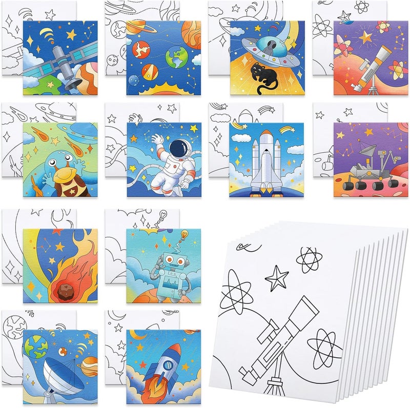 Anseal 12 Packs Pre Drawn Canvas to Paint, 4" X 4" Space Pre-Printed Canvas Paint Party, Stretched Outline Painting Boards for Beginners, Party Favor - Image 1